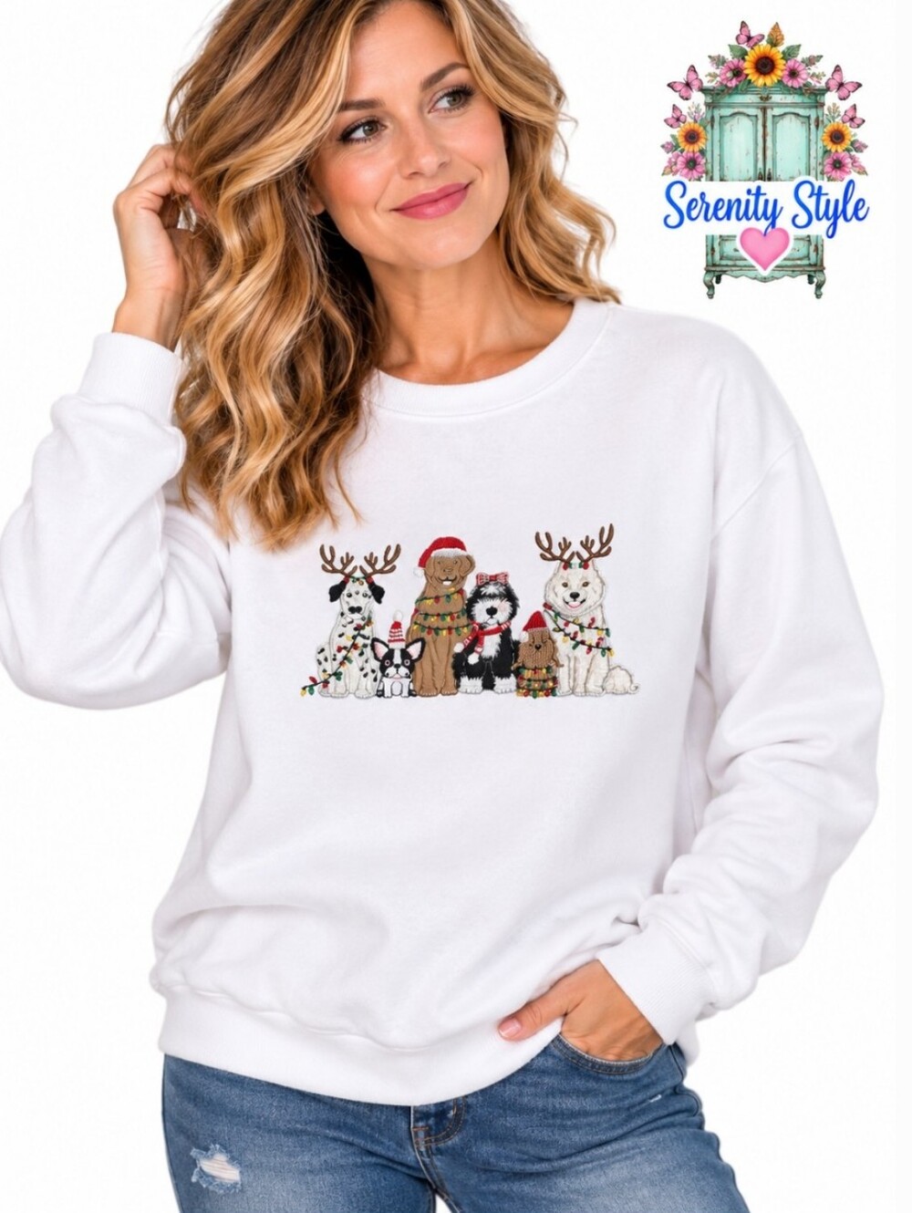My Danielle Women’s Medium White Christmas Dogs Embroidered Holiday Sweatshirt
